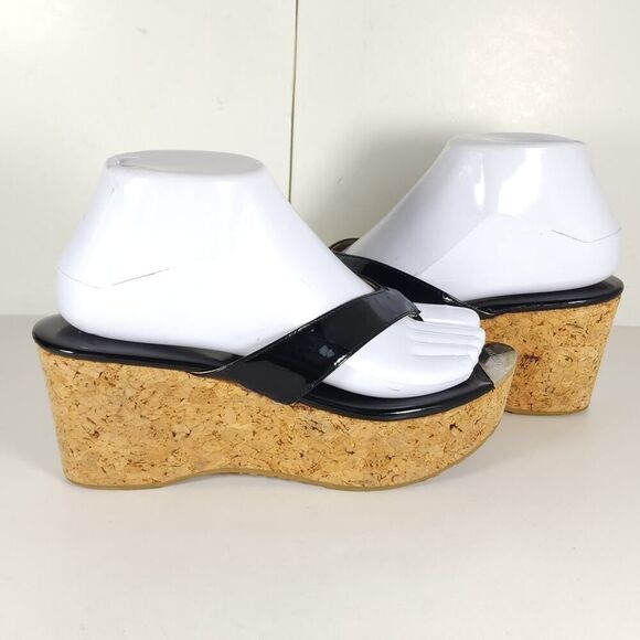 Jimmy Choo Women's Pathos Black 38 US7,5 Patent Leather Cork Thong Wedge Sandals - Picture 8 of 16